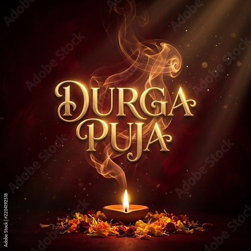 Durga puja greeting with lit diya and smoke on red