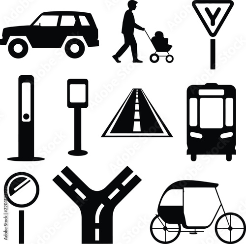 Flat design icons of urban transportation and pedestrian symbols for city planning presentations
