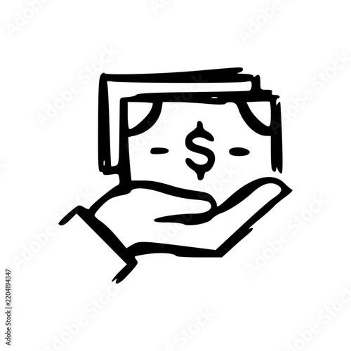 hand-drawn hand holding cash banknote cashback icon sketch illustration