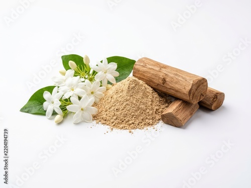Pure, isolated arrangement of aromatic sandalwood pieces, a small pile of powder, and fresh white jasmine flowers with green leaves on white, sandalwood, skincare, composition