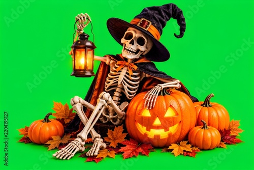 Halloween Skeleton Witch with Glowing Pumpkin