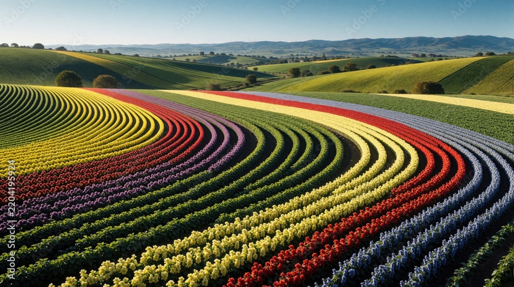 Obraz premium Vibrant rows of multicolored flowers grow in curved patterns across rolling hills. Beautiful landscape shows bright yellow, red, pink, blue blossoms in agricultural field. Colorful spring garden