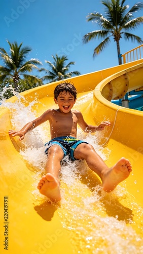 Happy Boy Enjoying a Yellow Water Slide on a Sunny Summer Day