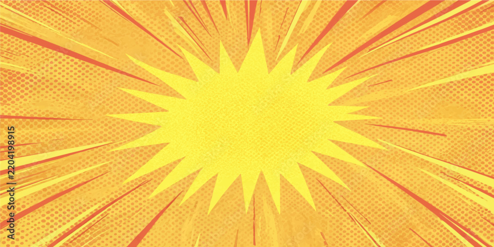 Fototapeta premium Dynamic yellow and orange comic speed lines background with central starburst explosion shape