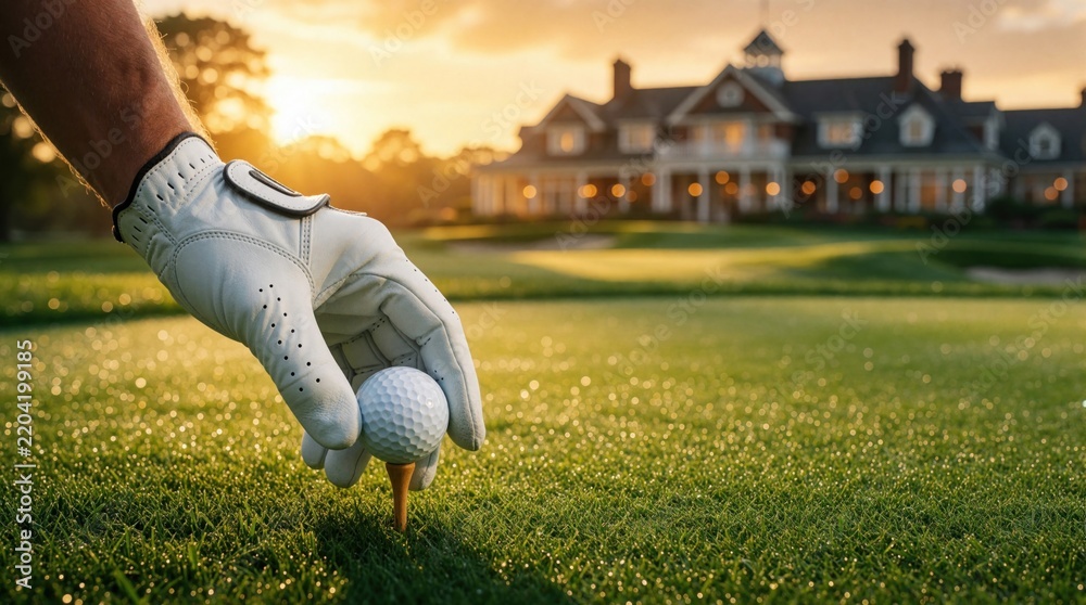 Fototapeta premium Golfer in white glove places ball on tee at luxury golf course. Close up of hand preparing for drive on green fairway. Large clubhouse building stands in background during golden sunset. Premium