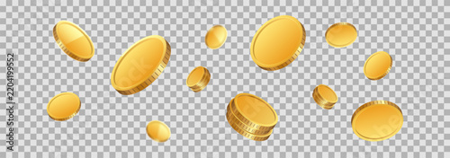 Golden coins explosion. Realistic gold coin splash, money rain with blurry motion effect. Treasure and earnings, saving. Vector Illustration.