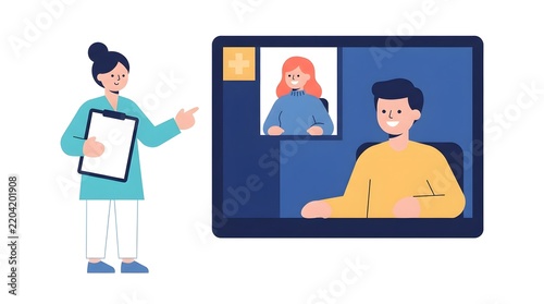 Telemedicine consultation with doctor and patient on laptop screen illustration
