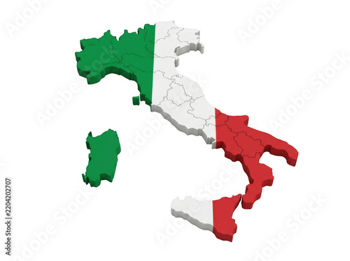 3d map of italy with regional borders and national flag colors isolated on transparent background