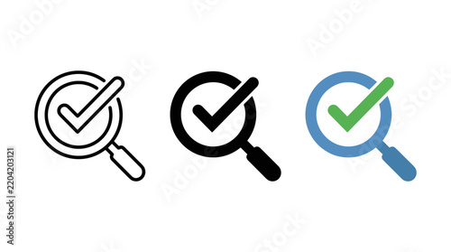 Magnifying glass with check mark icon set showing variations in style and color