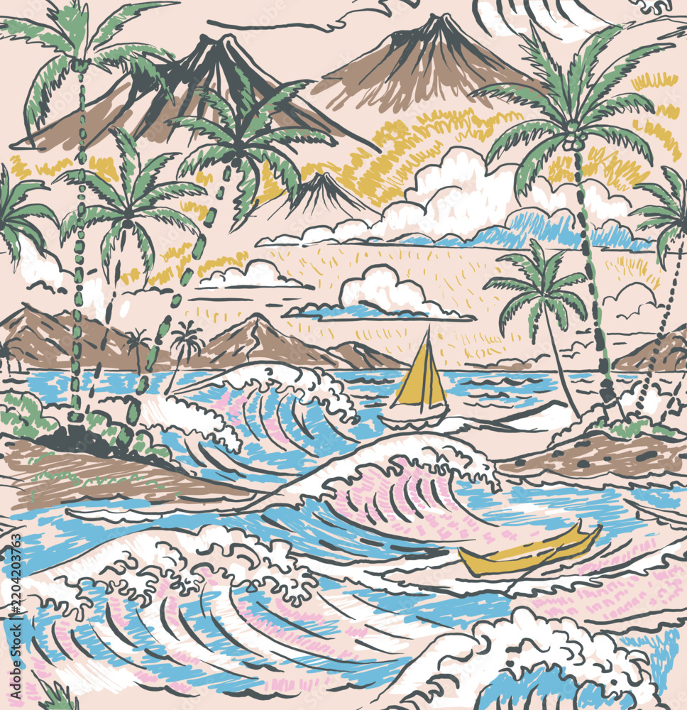 Obraz premium Hand Drawing Seamless Tropical summer beach print pattern in vector graphic for tee t-shirt design with sweatshirt, perfects for boy, men, women, and girls clothing, hand made print. 