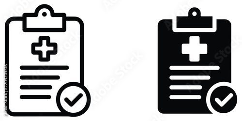 Medical clipboard checkmark icons in outline and solid styles for patient records and health exams