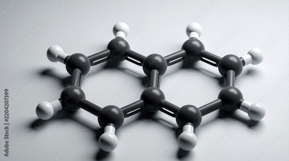 Obraz premium 3D model of naphthalene molecule with two fused benzene rings. Black carbon atoms, white hydrogen atoms connect via chemical bonds. Organic compound structure shows hexagonal aromatic ring pattern