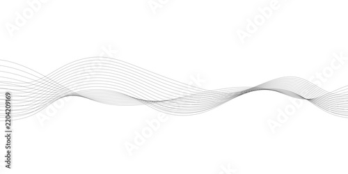 Modern abstract wave line background with flowing particles, twisted frequency sound waves and blend effect, white and gray curved lines for futuristic business, technology and digital designs