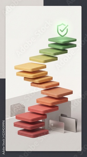 3D steps from red to green leading to shield checkmark, credit score improvement concept