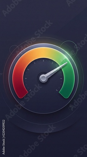 Credit score gauge with needle pointing to green on dark background, 3D illustration