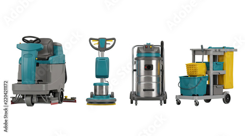 Set of commercial cleaning machines for industrial janitorial use and equipment organization