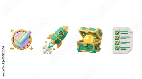 3d success icons set with check mark, rocket, treasure chest, and checklist for motivational design and gamification