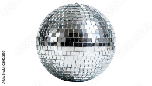 Silver disco ball covered in small mirrored squares, isolated on transparent background
