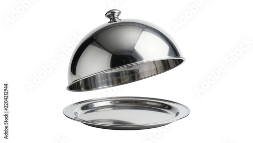 Shiny silver cloche lid lifted from a round metal serving platter, isolated on transparent background