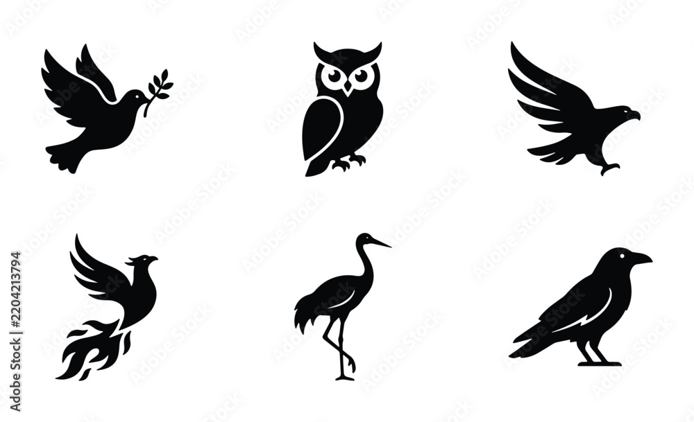 Obraz premium Set of 6 Black Bird Silhouettes: Dove, Owl, Eagle, Phoenix, Crane, Raven Icons