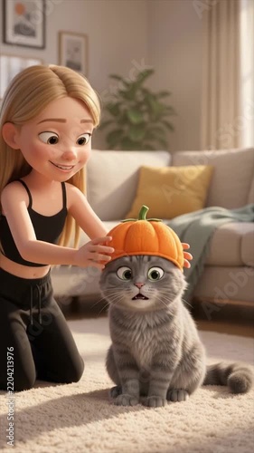 3D Cute Girl Putting Pumpkin Hat on Annoyed Cat for Halloween