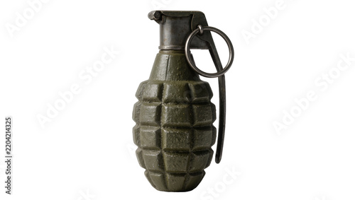 Obraz na plátně Olive green fragmentation hand grenade with metal pin and ring, isolated on tran