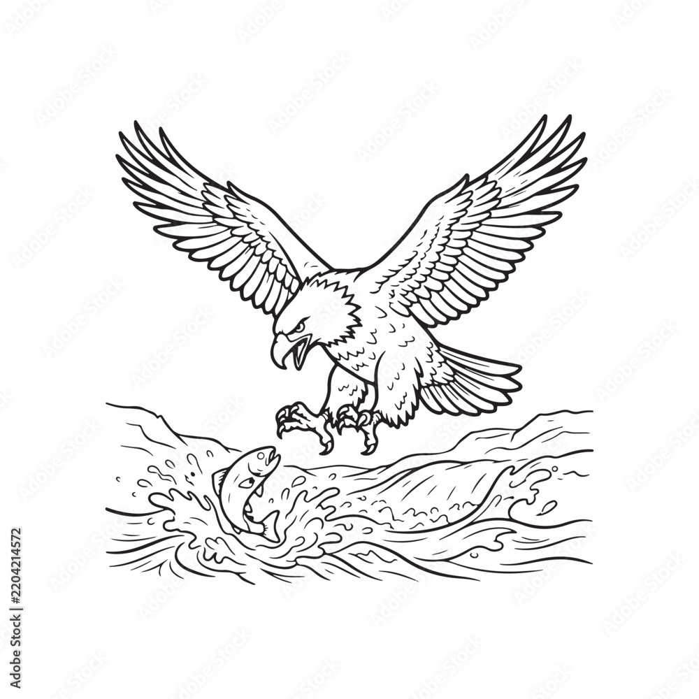 Fototapeta premium Bald eagle swooping over water to catch fish, black and white line art coloring page, detailed wildlife outline illustration