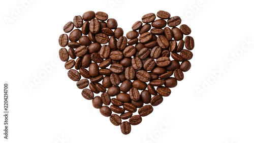 Heart shape formed by roasted coffee beans, isolated on transparent background