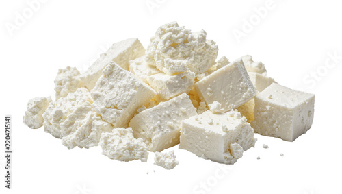 Crumbled and cubed feta cheese pieces, isolated on transparent background