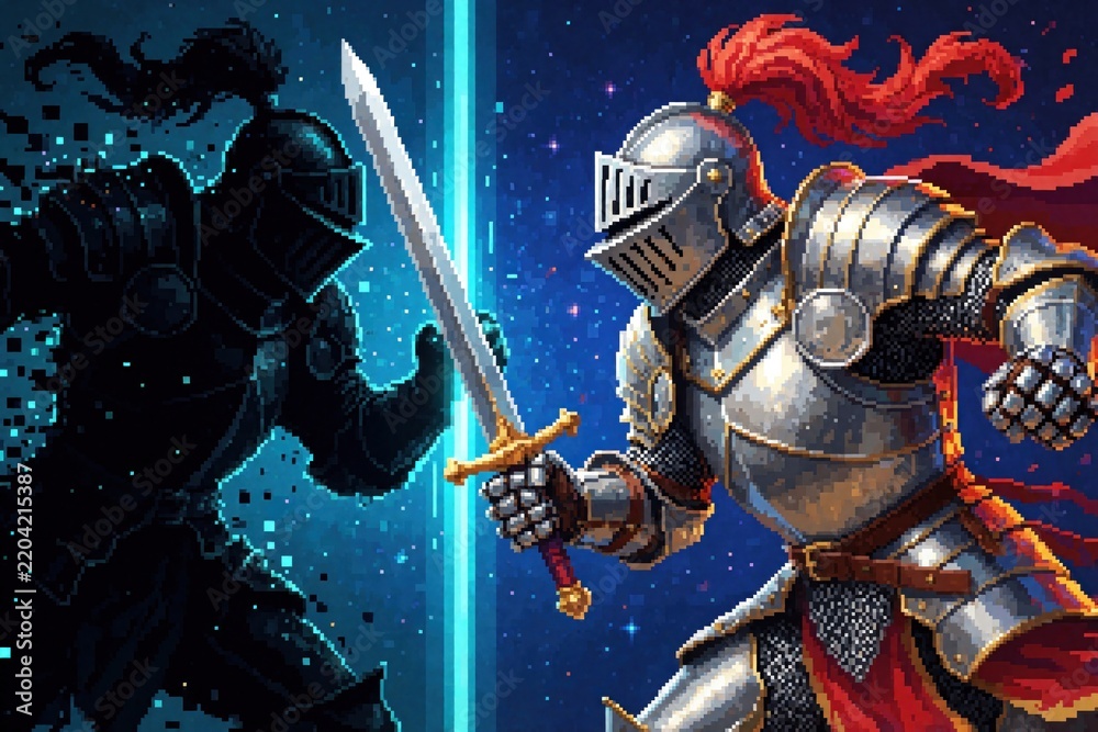 Fototapeta premium Pixel art illustration of fantasy knight fighting shadow monster in digital realm. Silver warrior with red plume holds sword against dark glitchy enemy. Concept of cloud gaming latency, combat in