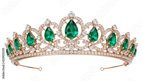Фотография Elaborate rose gold tiara with pear-shaped emeralds and diamonds, isolated on tr