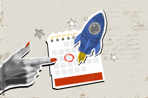 Vector collage element of a hand pointing at an important date on a calendar with a flying rocket, project launch and deadline concept, halftone newspaper style, editable vector, ready to use
