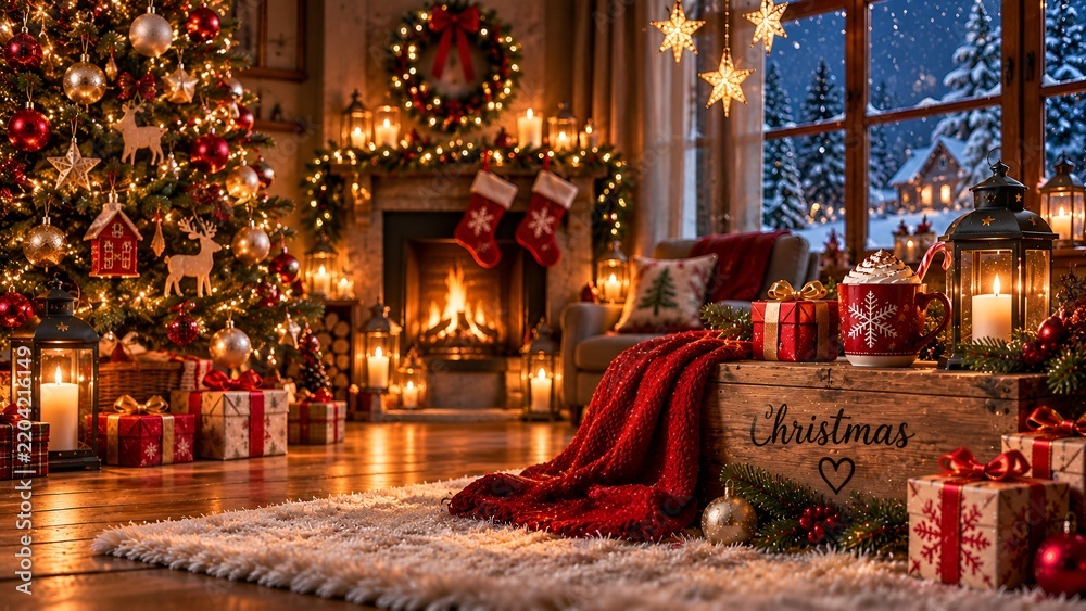 Fototapeta premium Cozy Christmas Living Room Interior with Festive Fireplace, Decorated Tree, Red Velvet Sofa, Wreath and Wrapped Gifts
