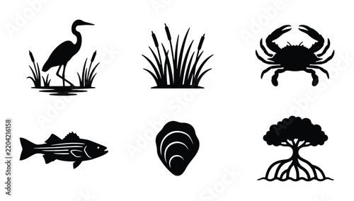 Coastal Wildlife Icons: Heron, Crab, Fish, Oyster, Mangrove, Reeds - Nautical Vector Set