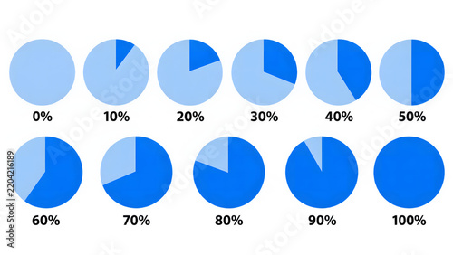 Blue pie chart percentage icons set from 0 to 100 percent