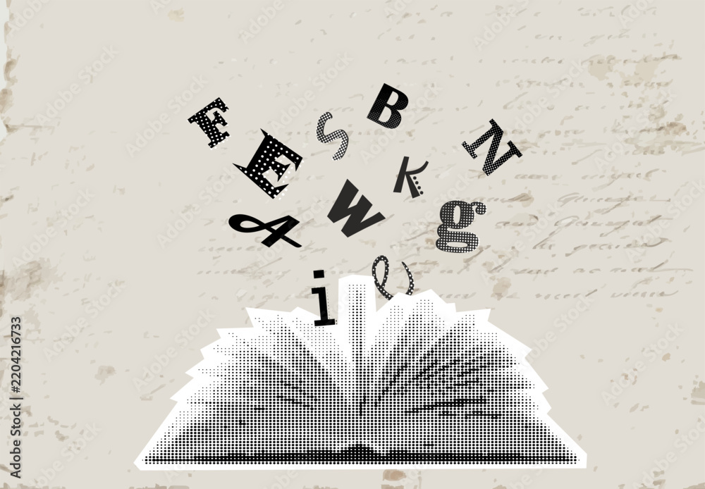 Obraz premium Vector collage element of an open book with letters flying out of it, knowledge and creativity concept, halftone newspaper style, editable vector, ready to use design