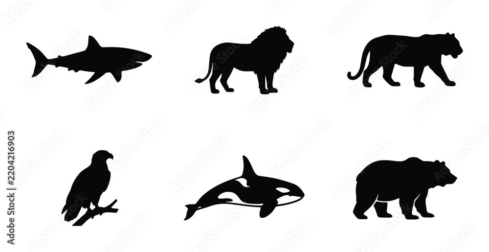 Fototapeta premium Wild Animal Silhouettes: Shark, Lion, Tiger, Eagle, Orca, Bear Icons. Nature Wildlife Vector Set.