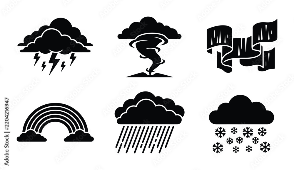 Obraz premium Weather Icons Set: Storm, Tornado, Rainbow, Rain, Snow, Clouds, Meteorology Symbols