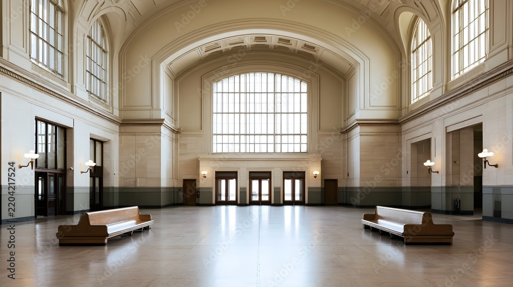 Obraz premium Grand empty train station hall with arched ceiling large and wooden benches on polished floor