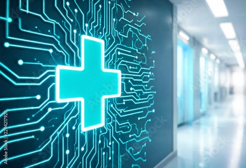 Futuristic digital healthcare background featuring a glowing medical cross, blue circuit board, data connections, and advanced technology representing innovation, science, diagnostics, and artificial 