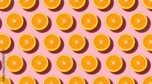 Pattern of Fresh Orange Slices on Pink Background