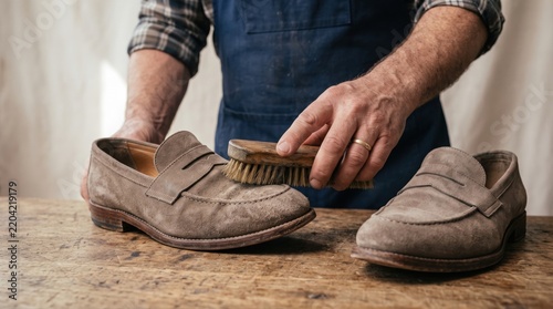 Man brushing suede loafer shoes on a wooden table. Showcasing traditional craftsmanship and shoe care for quality footwear maintenance and restoration.