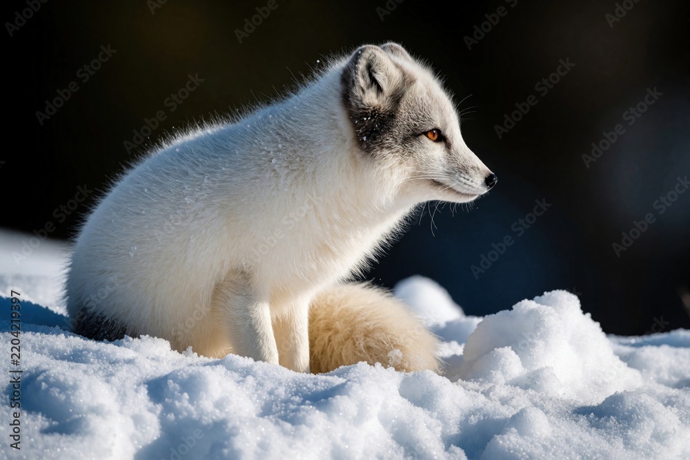 Obraz premium Profile of white arctic fox sitting in fresh snowdrift. Wild animal with thick fur looks sideways in cold winter landscape. Endangered species lives in icy tundra habitat. Cute predator rests on