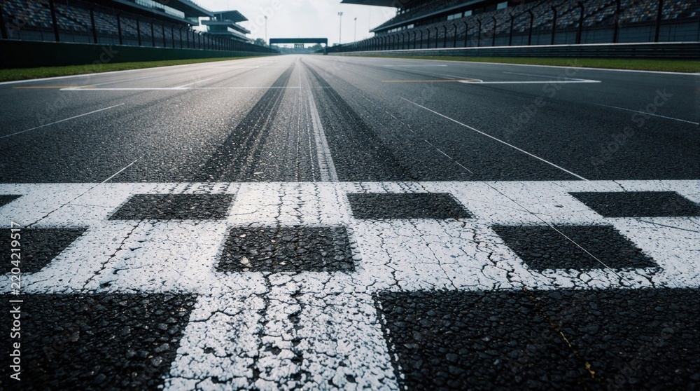 Obraz premium Close up view of checkered finish line on empty race track. Asphalt surface shows tire marks, grid lines. Grandstands line sides of pro motorsport circuit under bright sky. Motorsport venue ready for