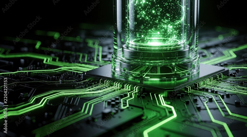 Obraz premium 3D rendering of futuristic solid state battery on electronic circuit board. Green glowing energy cells inside glass tube provide high tech power source. Next gen electric storage concept for mobile