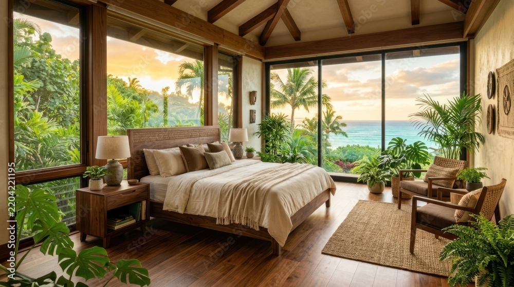 Obraz premium Tropical Paradise Bedroom: A luxurious bedroom with a breathtaking view of the ocean and lush tropical greenery, featuring a comfortable bed, potted plants, and natural wood accents.