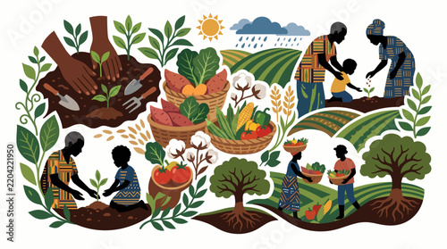 Black Consciousness Day November 20 - African family farming and harvesting diverse crops with traditional clothing and vibrant colors