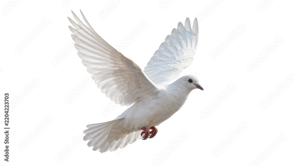 Fototapeta premium White dove with outstretched wings flying, isolated on transparent background