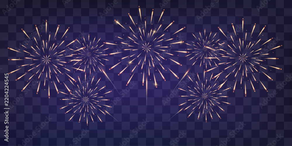 Obraz premium Golden vector firework explosion isolated on transparent png background. Festive New Year's fireworks in bright gold shades. Sparks and explosions light effect png.