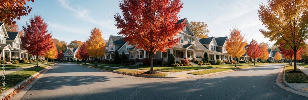 Fototapeta premium Aerial view of quiet residential neighborhood in Raleigh during autumn. Suburban houses with green lawns sit along paved streets lined with colorful maple trees. Red, orange foliage decorates
